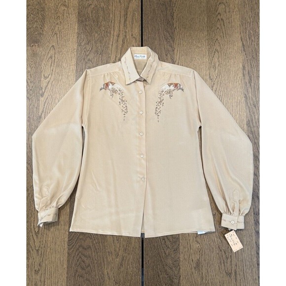 Vtg Amen Wardy Newport Beach Button Up Blouse Women’s 40/M Beige Graphic Print - Picture 1 of 14